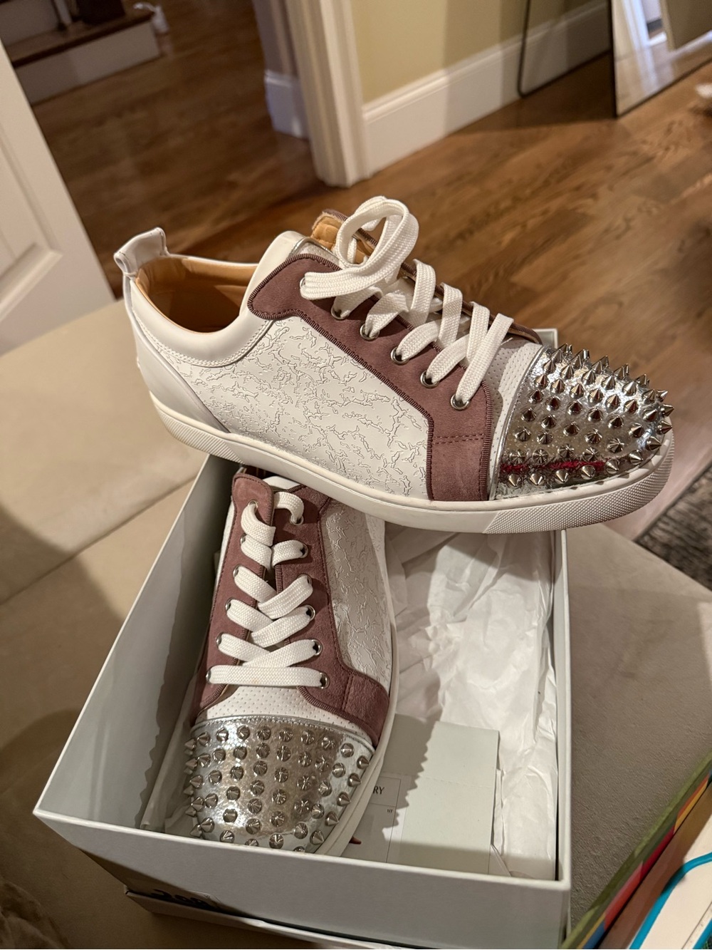 Christian Louboutin White and Mauve Spike-Toe Lace-Up Sneakers